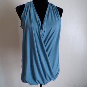 Blue Sleeveless Surplice Wrap Top – Draped Front – Soft Stretch Blouse